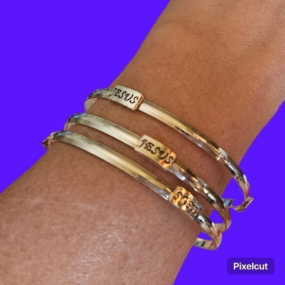 3/$30 Set of Three Stainless Steel Jesus Bangle Bracelets